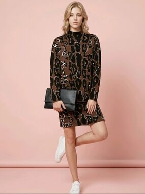 H&M Edition Leopard Jacquard Knit Tunic Sweater Dress, Brown & Black | M